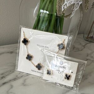 Gold Plated Black  Clover Bracelet and Earrings Set